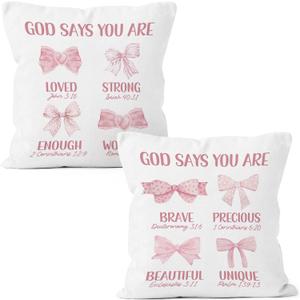 Pink Christian Bible Coquette Bow Throw Pillow Covers 18x18 Set of 2, Decor Pillow Cases Gifts for Teen Girls Dorm Nursery Bedroom, God Says You Are Loved Square Pillowcases for Couch Bed Sofa