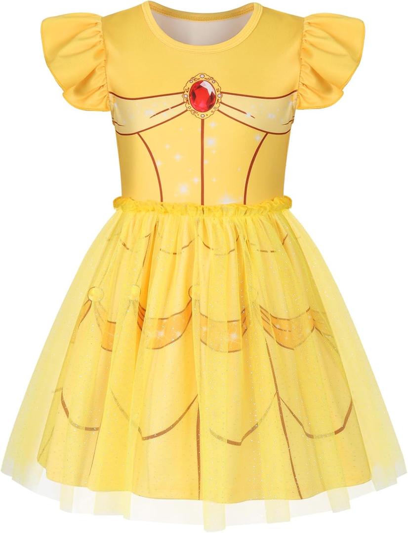 COTRIO Princess Dress Girls Sparkling Tulle Casual Dresses Toddler Ruffle Sleeve A-Line Swing Sundress Twirly Skater Dress