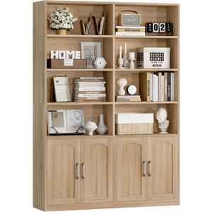 FACBOTALL Bookshelf and Bookcase with Doors, 6 Tier Double Wide Large Bookshelves, Open Display Shelves, 73'' Tall Bookshelf with Storage Cabinets for Home Office, Living Room, Library, Oak