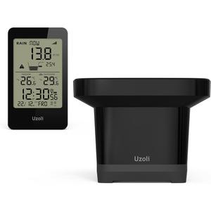 uzoli EM3356E Wireless Rain Gauge Outdoor, Digital Rain Gauges with Self-Emptying Collector, Thermometer, Customizable Alerts, Atomic Clock, Rainfall History for Yard, Garden, Outdoor Use