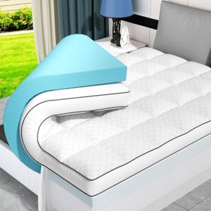 Dual Layer 4 Inch Memory Foam Mattress Topper Queen Size, 2 Inch Cooling Gel Memory Foam and 2 Inch Pillow Top Mattress Pad Cover for Back Pain, Deep Elastic Pocket, Medium Support, White