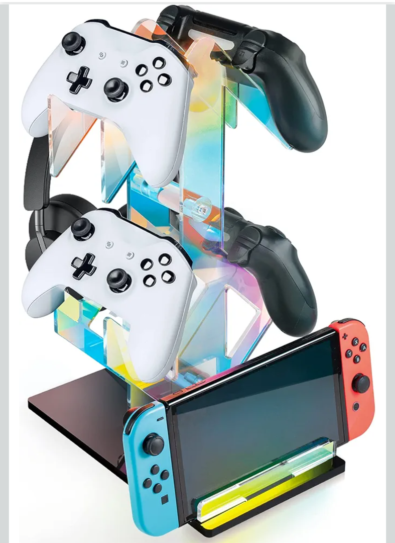 NiHome Iridescent Acrylic 2-Tier Universal Game Controller Headset Holder Rack, Modern Storage Organizer for PS5 Xbox ONE Switch Game Controllers and Headphones Anti-Slip Stable Gaming Accessory Stand