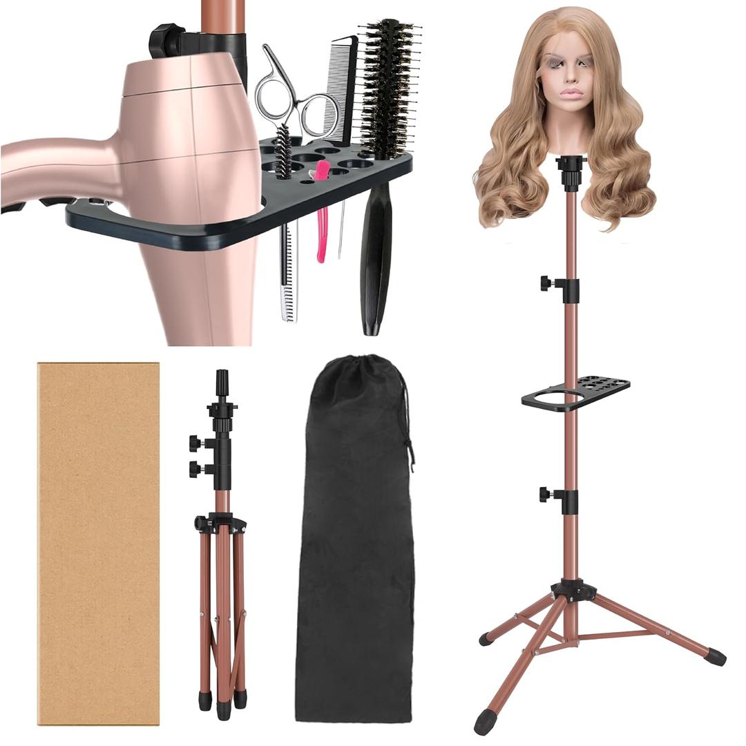 Wig Stand Tripod 50 Inch Metal Wig Mannequin Head Tripod Stand For Hairdressing Training Head Adjustable Wig Tripod Stand with Tool Tray (Latte, Mannequin Head Not Included)
