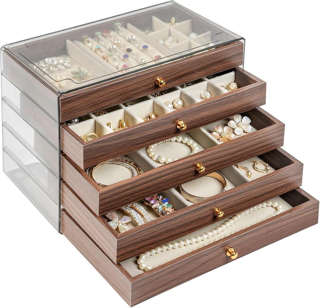 Wooden Jewelry Box for Women, 5-Layer Jewelry Organizers and Storage with 5 Drawers & Velvet Trays, Large Earring Holder, Necklace Ring Travel Case, Gift Box for Drawer, Wood