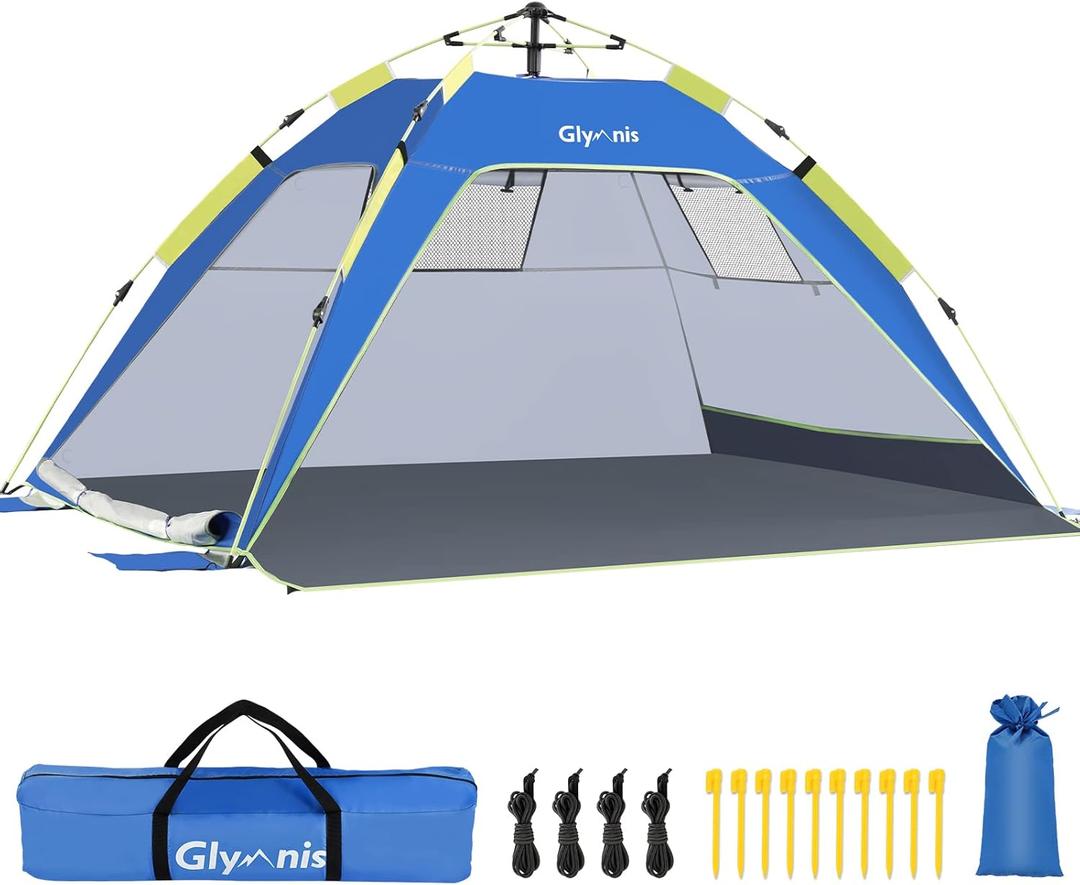 Glymnis Pop Up Beach Tent Sun Shade Shelter for 3-4 Person with UPF 50+, Lightweight & Easy Setup, Vent Windows & Zippered Door, Extended Floor Family Instant Beach Tent (Dark Blue) Glymnis Pop Up Beach Tent Sun Shade Shelter for 3-4 Person with UPF 50+, Lightweight & Easy Setup, Vent Windows & Zippered Door, Extended Floor Family Instant Beach Tent (Dark Blue)