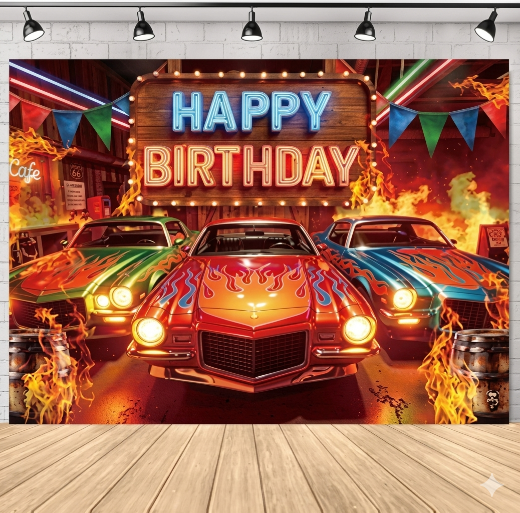 SVBright Racing Car Happy Birthday Backdrop 7Wx5H Western Vintage Retro West Brown Barn Door Rustic Farmhouse Country Fire Colorful Flags Decorations Photography Background Banner Photo Booth Studio