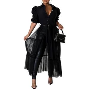 Choichic Women' Button Down Shirts High Waist Short Sleeve Sheer Mesh Patchwork Maxi Dress Long Shirts Tunics with Belt (X-Large, Black)