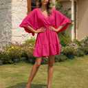 Aoysky Womens V Neck Casual Dresses Summer Loose High Waist Ruffle Pleated Cute Mini Short Dress (Pink, XL)