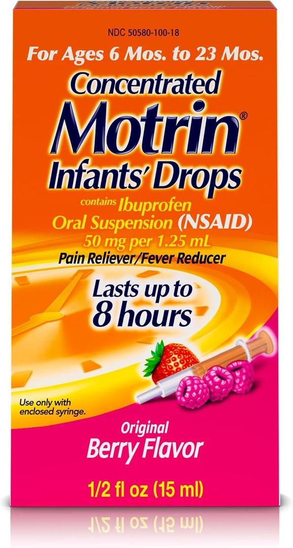 Infants' Motrin Concentrated Drops, Ibuprofen, Berry, 0.5 oz Concentrated Liquid Medicine, NSAID, Fever Reducer & Pain Reliever for Babies, 2 Pack, EXP: 2026 Dec
