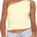 BAIGRAM Women Sleeveless Y2K Beaded Buckle One Shoulder Crop Tank Tops Asymmetric Ruched Slim Fit Summer Boho Going Out Tops Cream Yellow (S)
