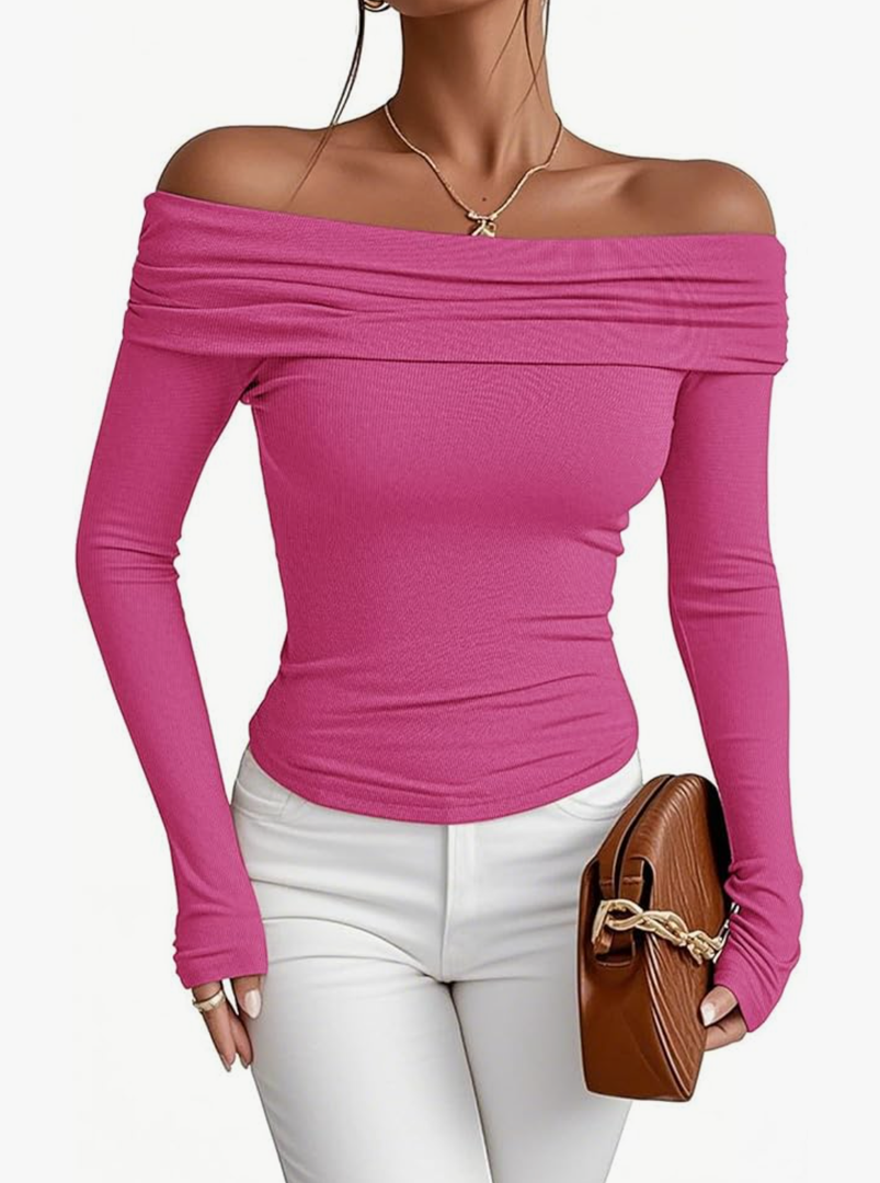 Prettywear Women's Sexy Off Shoulder Tops Dressy Casual Long Sleeves Going Out Nightout Shirt, S