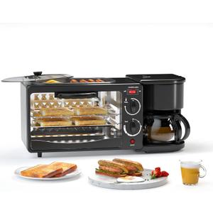 Breakfast Station, Toaster with Frying Pan, Portable Oven Breakfast Maker with Coffee Machine, Non Stick Die Cast Grill/Griddle for Bread Egg Sandwich Bacon Sausages (Black F)