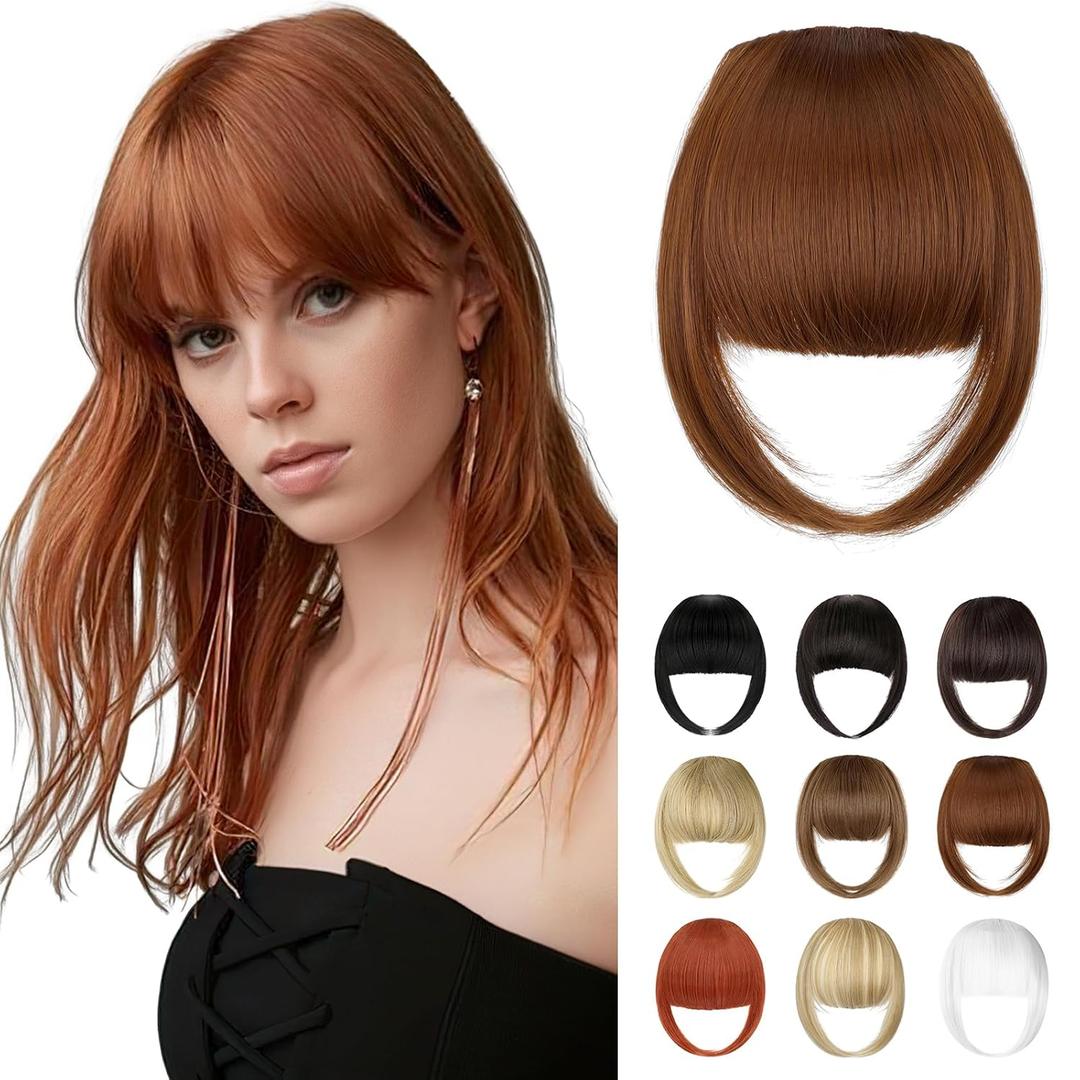 Bangs Hair Clip in Bangs, French Light Auburn Fake Bangs Hair Clip on Bangs for Women Fringe with Temples Hairpieces for Daily Wear