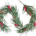 vivimemo 6 FT Green Garland Soft Green Pine Needle Red Berry Pinecone Garland Porch Table Window Fireplace Decoration Winter Holiday Party Office Decoration