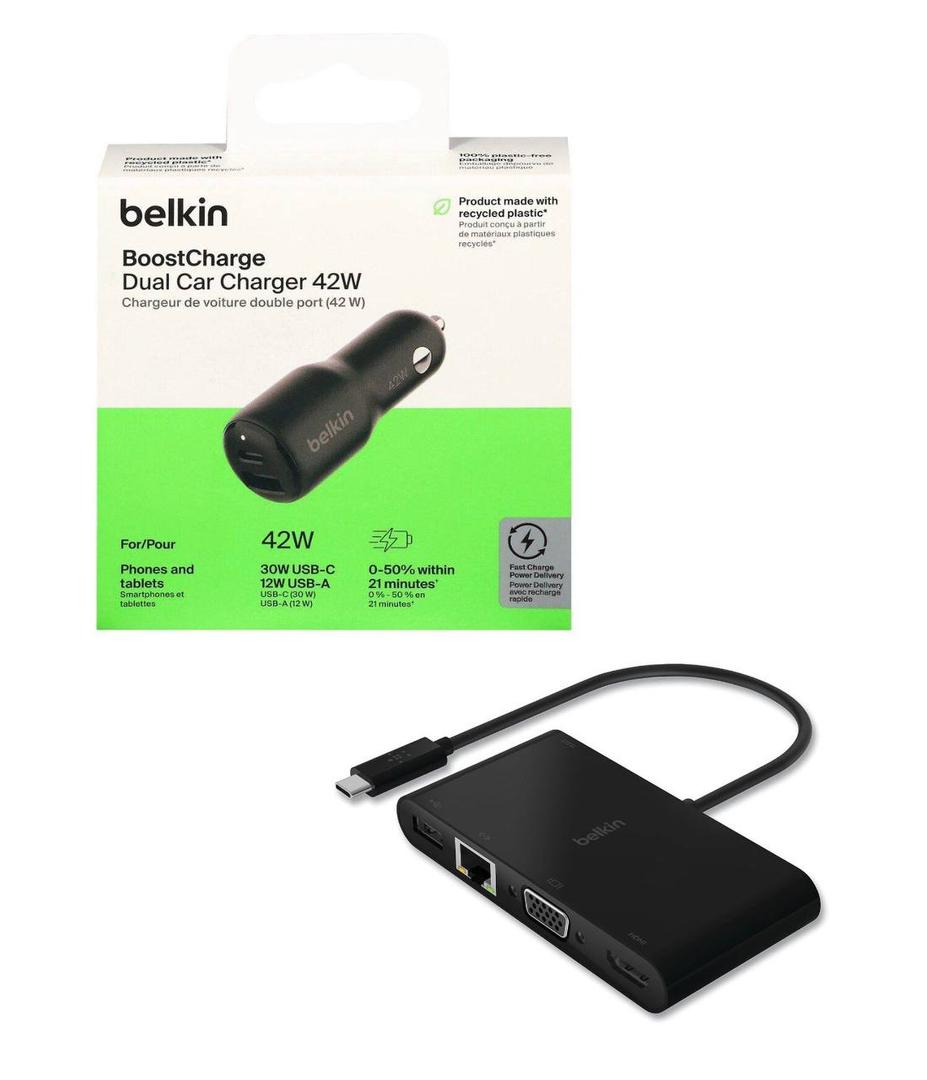 belkin USB-C Multimedia + Charge Adapter with BoostCharrge Dual Car Charger 42W