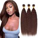 Color 4 Human Hair Bundles Chocolate Brown Yaki Wave 14 16 18 Inch #4 Dark Brown Bundles Human Hair Extension 12A Unprocessed Raw Brazilian Virgin Hair for Black Women
