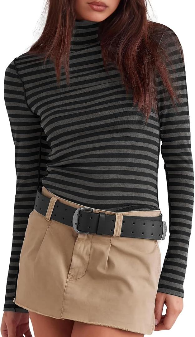Darong Women's Striped Turtleneck Shirt Long Sleeve Undershirts Ribbed Slim Fit Top Fitted Basic Tees (X-Small, Dark Grey Stripe)