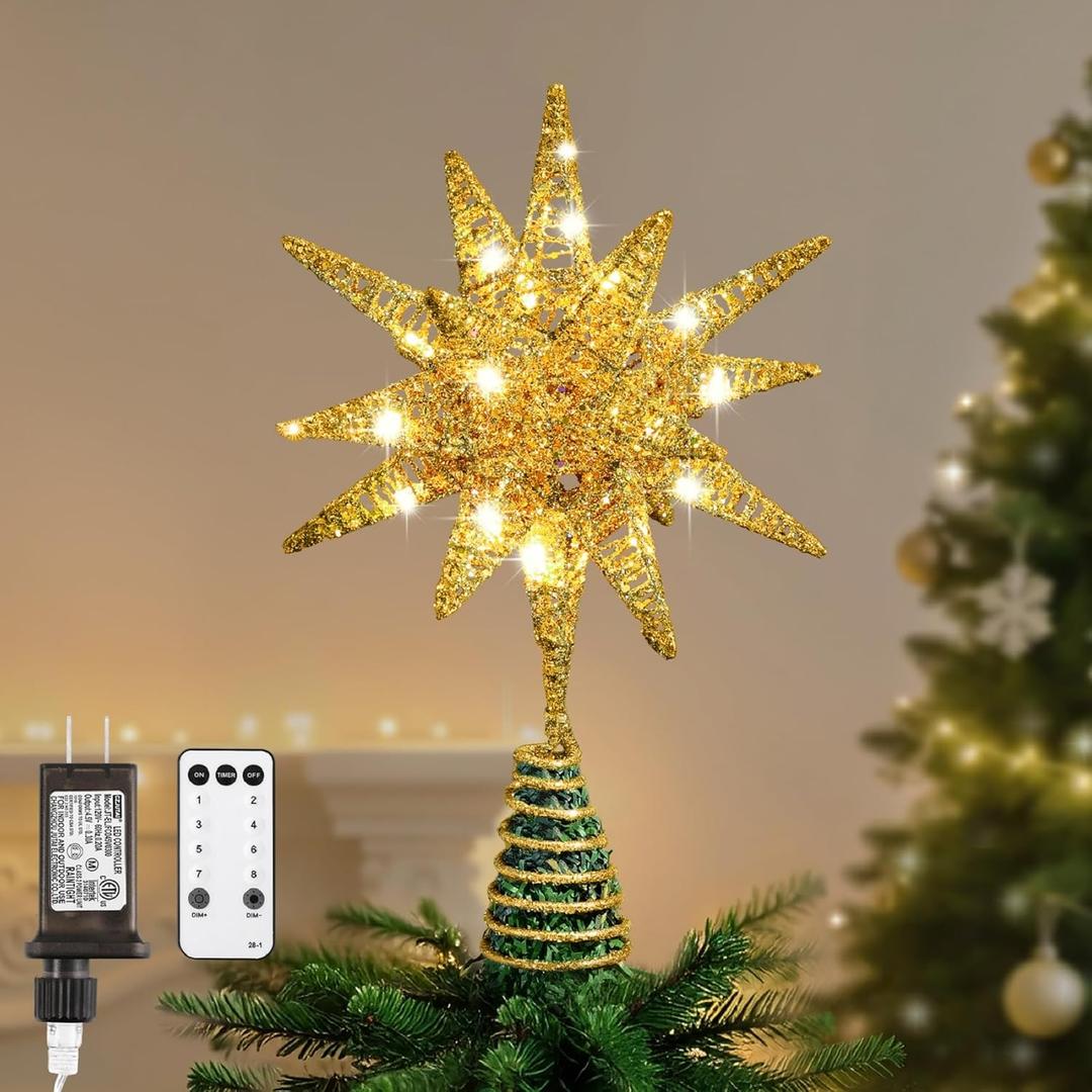 Lewondr Christmas Tree Topper, Plug in 3D Starburst Xmas Lighted Star Tree Topper, Remote Control & Timer Light Up Vintage Moravian Tree Topper for Christmas Decoraiton, Warm Light, Champagne Gold