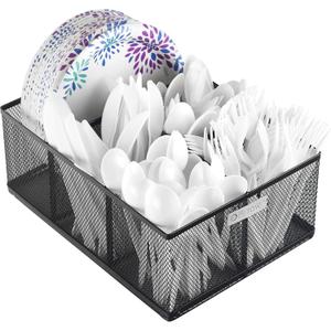 ELTOW Paper Plate & Cutlery Organizer  7" Plate Holder with 5-Compartment Silverware Caddy for Parties, Home, Kitchen & Office