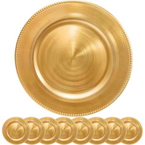 Gold Charger Plates 10PCS,13inch Round Beaded Plastic Charger Plates,Plate Chargers Bulk for wedding,Dinner,Party,Decoration(Gold 10), 1313
