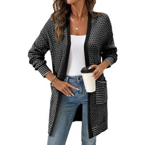 Sidefeel Womens 2025 Fall Outfits Long Sleeve Open Front Cardigan Sweaters Trendy Chunky Hexagon Knit Sweaters Coat (Black, S)