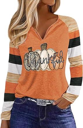 Fall Pumpkin T Shirts for Women Thanksgiving Halloween Pumpkin Graphic Tees Spriped Splicing Long Sleeve Shirt Tops, Size XXL
