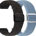 2 Pack Quick Release Braided Bands - 18mm 19mm 20mm 22mm 24mm Solo Loop Adjustable Soft Band for Women Men (Starlight Black+Rock Blue)