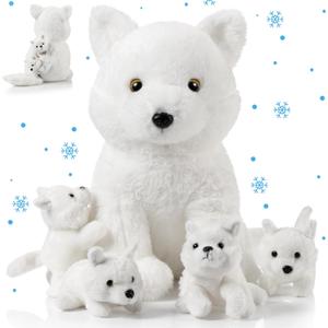 Lenwen 5 Pcs Stuffed Animal Bulk 1 Mommy Plush with 4 Cute Babies Plush Wild Stuffed Animal Toy for Boys Girls Birders Zoo Gifts (White Wolf)