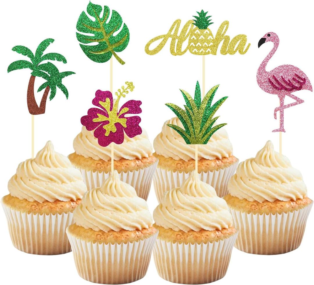 24Pcs Tropical Cupcake Toppers, Luau Cake Topper Aloha Cupcake Picks Pineapple Flamingo Cupcake Decorations for Hawaiian Luau Theme Baby Shower Birthday Party Supplies (Aloha B)