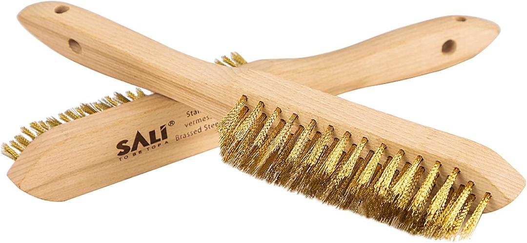 SALI Heavy Duty Copper Plated Steel Brushes - for Rust Removal, Automotive Cleaning, Welding Slag, Grill & Household Use, 11" Curved Beechwood Handle, 14X4 Rows Bristles (Pack of 2)