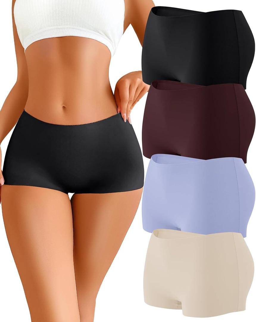 CUTE BYTE Womens Seamless Boy Shorts Underwear Soft Stretch No Show Boxer Shorts Briefs Panties for Ladies 4 Packs (Medium, Black/Nude/Blue/Grape Purple)