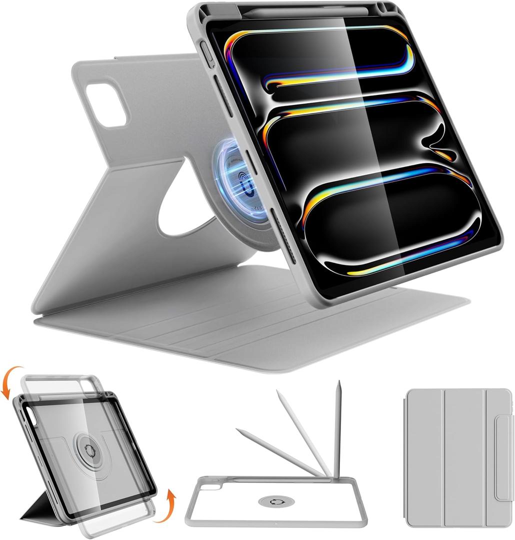 nimin Rotatable Case for iPad Pro 13 inch 2024 (M4),Detachable Magnetic Design,360° Rotating,Adjustable Stand,Pen Holder,Auto Sleep/Wake,Light Grey