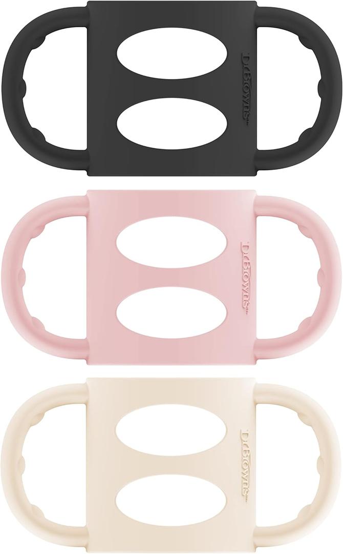 Dr. Browns Milestones 100% Silicone Baby Bottle Handles, Narrow, Black, Light Pink, Ecru, 3 Pack, 4m+