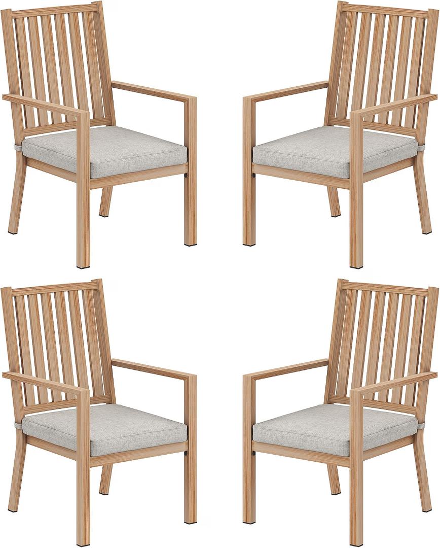RoyalCraft Patio Dining Chair Set of 4, Aluminum Outdoor Dining Chairs with Waterproof Cushions, Metal Outdoor Patio Furniture Seating for Porch, Balcony, Deck, Backyard, Light Wood Color