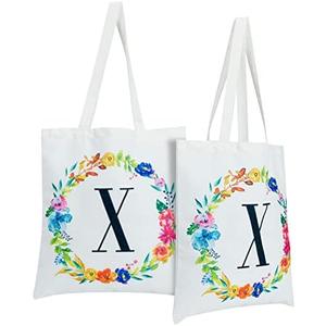 Okuna Outpost Set of 2 Reusable Monogram Letter X Personalized Canvas Tote Bags for Women, Floral Design (29 Inches)