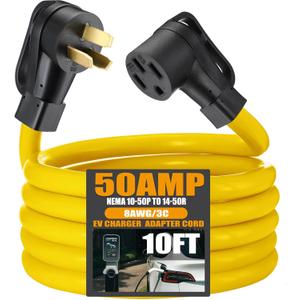 10FT NEMA 10-50P to 14-50R EV Charger Adapter Extension Cord 50 Amp Dryer to 50 Amp EV for Level 2 Charging, 3 Prong Male to 4 Prong Female Power Cord with Handle, STW 8 AWG/3C, ETL Listed