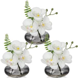 Oairse White Orchids Artificial Flowers Faux Orchids Arrangement in Black Glass Vases Set of 3 Real Touch Phalaenopsis Orchid Flowers Small Fake Orchid Centerpiece for Dining Room Table