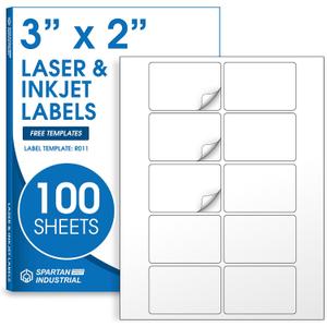 3" X 2" Matte White Printable Shipping Labels (100 Sheets, 1000 Stickers) Mailing and Address Labels, Product Packaging Stickers for Laser & Inkjet Printers - Spartan Industrial Template R011