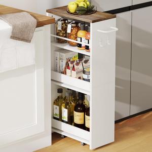 ChooChoo 4-Tier Slim Storage Cart, 7.87 inches Wide Narrow Storage Cabinet with 360 Wheels and 2 Hooks, Space-Saving Organizer for Kitchen, Narrow Places, Dining Room, Walnut+White