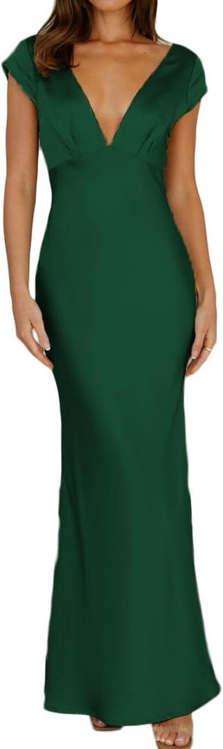 Halfisland Womens Summer Satin V Neck Cap Sleeve Backless Maxi Dress Elegant Twist Cut Out Midi Dresses Wedding Guest (Emerald), S