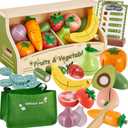 BUYGER Wooden Fruits and Vegetable Toys for Kids Toddler, Pretend Play Cutting Kitchen Food, Play Store Counter Shop Playset Gifts for 3 4 5+ Years Old Boys Girls