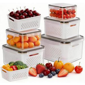 HOMETALL 5 Pack Fruit Storage Containers for Fridge, Plastic Fruit Containers for Fridge with Removable Colanders, Leakproof Fridge Organizers and Storage for Berry Vegetable Salad Lettuce Meat Food