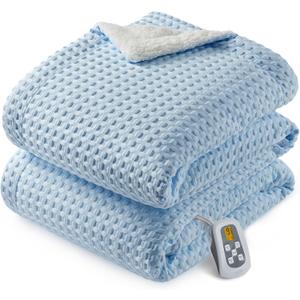 CAROMIO Heated Blanket Full Size, Waffle Weave Electric Blanket Throw with LCD Controller, Fast Heating, 10 Heat Levels & 1-12H Time Settings, ETL Certified, Machine Washable, Light Blue, 72" x 84"