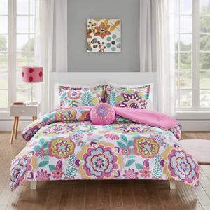 Intelligent Design Camille Comforter Set, Vibrant Flowers Design All Season Teen Bedding, Matching Sham, Decorative Pillow, Girls Bedroom Dcor, Full/Queen, Pink 4 Piece