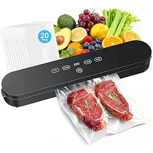 75kPa Vacuum Sealer Machine, Compact Vacuum Sealer for Food, 4-in-1 Food Sealer, Digital Timer, Moist/Dry, Pulse, Seal Modes, with 20 Vacuum Bags, Black
