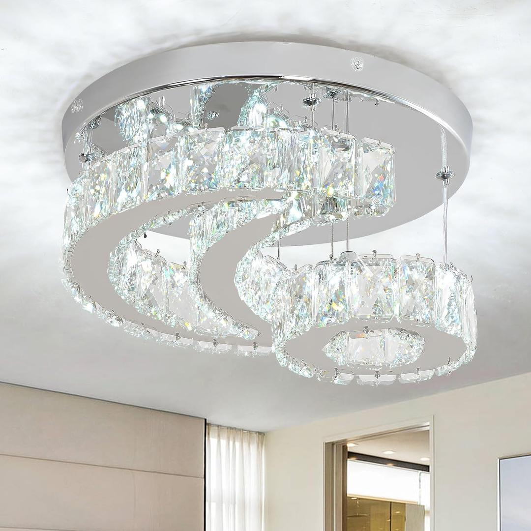 11.8" Crystal Chandeliers Modern Crystal Ceiling Light LED Star Moon Light Semi Flush Mount Chandelier Ceiling Light Fixture for Dining Room Bedroom Hallway (6000K Cool White)