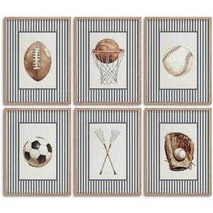 BVVEYKXX 6Pcs Vintage Sport Themed Framed Wall Art Retro Ball Sport Boy's Room Wall Decor, Children's Room Baseball Football Soccer Basketball Canvas Prints Picture for Kids Room Nursery Decor 8x10in