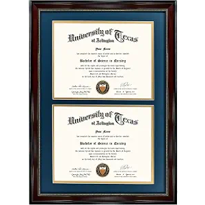 GraduationMall 14x20 Double Diploma Frame, Display 8.5x11 Certificate with Navy over Gold Mat,Tempered Glass,Mahogany with Gold Beads