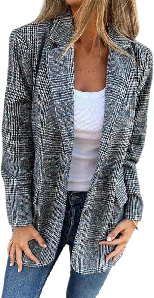 IDEALSANXUN Tweed Blazers for Women 2024 Fall Winter Long Oversized Plaid Houndstooth Blazers Casual Dressy Business Work Suit Jackets, Blue, XL