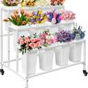 PROLEE Flower Stand with 12 Buckets, Flower Display Stand with Wheels, Flower Cart, Moving Florist Bouquet Shelf, Rectangular, White
